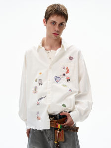 MADWITCH | Funny Print Long Sleeve Distressed Frayed Shirt Casual