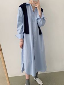 Spring 2024 Loose Fit Long Shirt Dress Single Button Casual plus Size Womens Versatile Cotton Blend Commute Style Dress