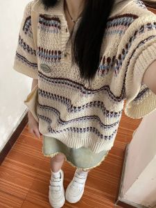 Summer New Womens Knitted Short Sleeve T-shirt Ice Silk Loose Striped Special Fashion Top College Style Thin Polo Neck Design