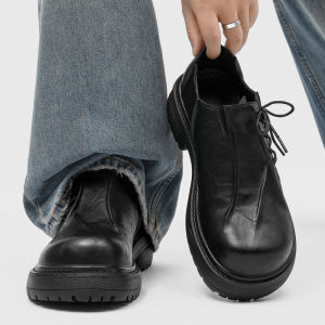Mens Derby Shoes Autumn Winter Black Increased Large Head British Style Folded High-End Commuting Trend Shoes Leather Oxford