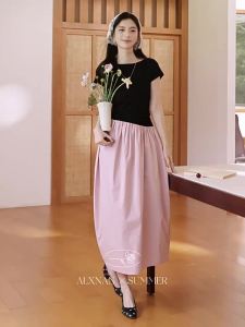 Đầm A-line Hai Màu Đen và Hồng Dài Mùa Hè