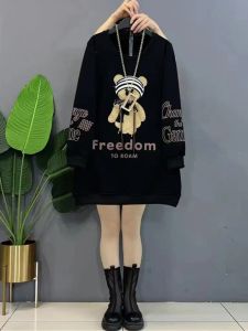 plus Size Womens Fleece Lined Oversized Thickened Sweatshirt Dress Slimming Mid-Length Top for Autumn Winter 2025