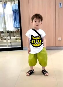 ชุดเด็กผู้ชาย WANDER เสื้อผ้าเด็กผช ลายการ์ตูนแมวน่ารัก ชุดเซ็ตสองชิ้นเสื้อแขนกุดและกางเกงกันยุงสำหรับเด็ก 23730