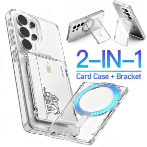 2-in-1 Magnetic Card Holder Stand Transparent Bracket Cards Sleeve Scratch-resistant Protective Film for iPhone Samsung Xiaomi