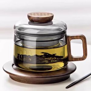 Mini Glass Teacup with Wooden Handle for Office Flower Tea Separation Home Use Water Drinking Cup Heat Resistant Handmade Craft
