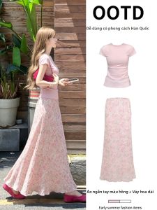 ZUKUN | Bộ Đồ Hè Hoa Hồng Cho Phụ Nữ Áo Tay Ngắn Chân Váy Chữ A