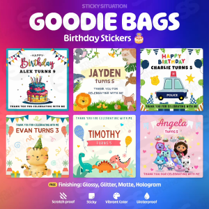 Personalized Kids Birthday Stickers | Party Goodie Bag Favors | Square