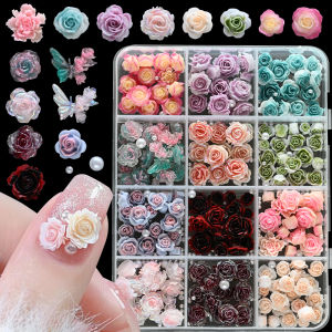 12Grids 3D Camellia Rose Flower Nail Art Charms Mixed Floral Butterfly Pearl Nails Decorations for DIY Crafts Manicure Accessory