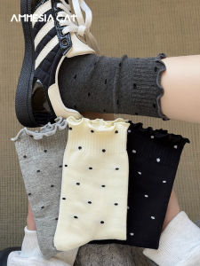 Polka Dot Lace Edge Cotton Socks Womens Mid-Calf Spring Autumn Style Japanese Wood Ear Ruffle over Knee Summer Socks