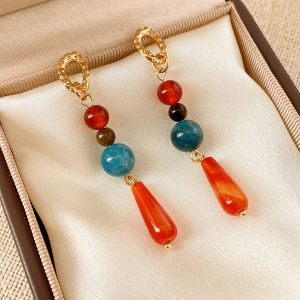 Retro Natural Stone Jade Earrings for Women Chinese Style Water Drop Beads Earrings with Long Tassel Female Ear Accessories K1