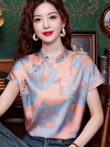 New Chinese Style Embroidered National Fashion Womens Summer Shirt Short Sleeve Loose Top Tea Ceremony Cheongsam Hanfu T-Shirt