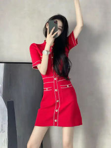 Summer 2023 French Style Red Dress Womens Slimming High Waist A-Line Skirt Short Sleeve Polo Collar Commute Korean Version