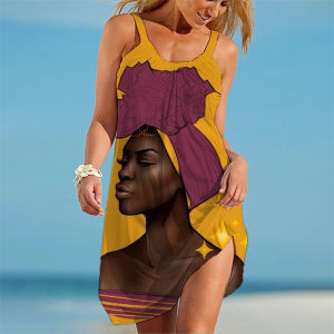 ชุดเดรสชายหาดแบบลำลองพิมพ์ลายดอกไม้สายเดี่ยวสำหรับผู้หญิง