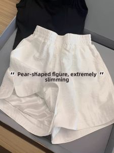 V.C.I | White Linen Cotton Slim Fit High Elastic Waist Side Slit Wide Leg Short Pants