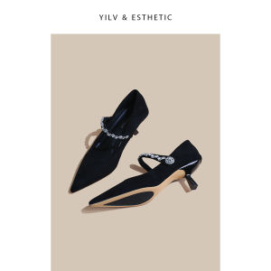 Silver High Heels Womens Retro Pointed Toe Crystal Buckle Flat Commute Low Wear Shoes Fashionable Single Shoes Comfortable
