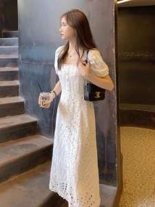 White Lace Hollow out Square Collar Long Dress Womens Summer Fashion French Style High Waist A-Line Dress Retro Commute Dress