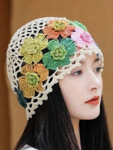 Handmade Hollow out Knitted Headscarf Hat Womens Breathable Overhead Cap Floral Elegant Spring Summer Autumn Season Accessory