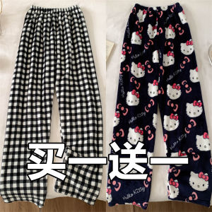 กางเกงนอนผ้าฟองน้ำขนเป็ดสีแดง กางเกงขายาวผู้หญิง กางเกงขายาวทรงหลวมสบาย ๆ สำหรับฤดูหนาว กางเกงขายาวผ้าฝ้ายสำหรับใส่อยู่บ้าน