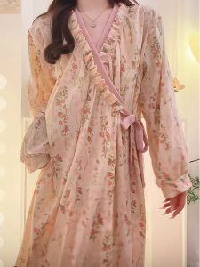 ชุดนอนผู้หญิงผ้าฝ้ายแท้ฤดูใบไม้ผลิและฤดูใบไม้ร่วง ทรงหลวมสบาย ๆ ชุดกันหนาวสไตล์ฮันฟู่ แขนยาว กระโปรง ชุดอยู่บ้าน ใส่กลางแจ้งได้