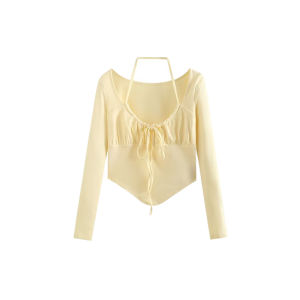 Áo Thun Dài Tay Nữ Phong Cách Cổ Điển Có Dây Rút Áo Thun Cotton Ngọt Ngào Áo Thun Bó Sát Áo Thun Dài Tay Thường Ngày