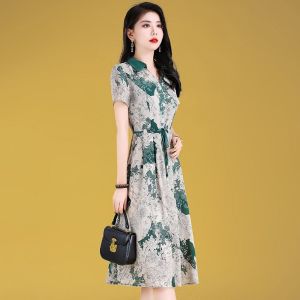 Temperament Dress for Women Summer Polo Collar Short Sleeved Printed Midi Skirt