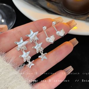 Ready Stock Korean Version Silver Five Pointed Star Tassel Earrings With Fashionable And Personalized Design Love Pendant Earrings