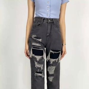 Celana Kulot Panjang Wanita Model Stretch Ripped Jeans Highwaist / Celana Denim Women Kekinian SM P614