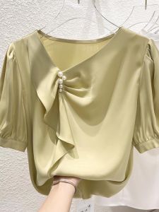 2025 New Style Slimming Neck Design Irregular Pleated Beaded Short Sleeve Womens Chiffon Shirt Summer Quality V-neck Casual Wear
