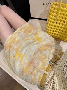Summer New plus Size Womens Floral Tie Dye Denim Mini Skirt High Waist A-Line Short Skirt with Inner Lining Korean Style