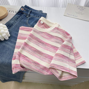 Áo Thun Tay Ngắn Sọc Phong Cách Hàn Quốc Cho Nữ Mùa Hè Mới Rộng Rãi Thiết Kế Màu Tương Phản Áo Thun Cotton Polyester