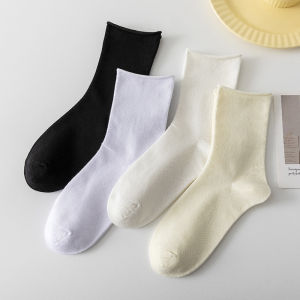 ถุงเท้าผู้หญิงคอตตอนสีขาว ถุงเท้าข้อสั้น ถุงเท้าฤดูใบไม้ผลิและฤดูใบไม้ร่วง ถุงเท้าข้อยาวบาง สีดำ ถุงเท้าผู้หญิง ชุดชั้นใน