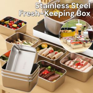 304 Stainless Steel Fresh-keeping Box Sealed And Fresh-keeping With Lid Rectangle Food Container Fruit Refrigerator Storage Organizer