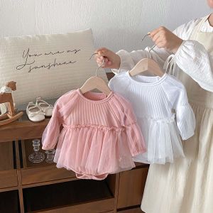 Spring and Autumn Baby Girl Fashion Solid Color Mesh Bubble Long Sleeve Dress Baby Girl Comfortable and Sweet Mesh Dress Suit