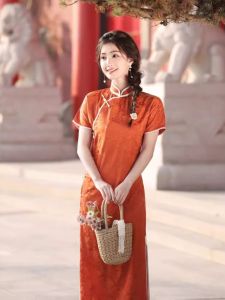 Beizhi Spring Summer New Style Full Open Collar Embroidered Satin Young Girl QiPao Dress Retro Style Midi Length Short Sleeve