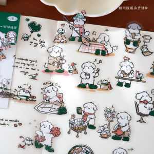 Morning Rain Line Art Puppy Stickers Ins Cute Cartoon Animals Simple Drawing Transparent Waterproof Journal Phone Case DIY Decoration