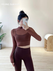 Yeung Sukhan/Tulle Half Turtleneck Fake Two-Piece Mesh Yoga Jacket One-Piece Cup Underwear Breathable Long Sleeves