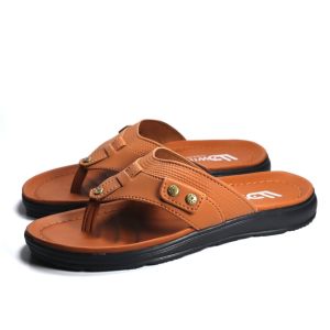 Sandal Kulit Sintetis Pria Dewasa /Sendal Jepit Flipper Terbaru Selop Slop Casual Murah 100% Real Pick Cokelat Hitam S03