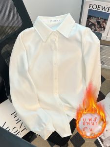 Womens Fleece Lined Thickened Long Sleeve Shirt Winter Commute Polo Collar Single Button Closure Straight Cut Base Layer Shirt