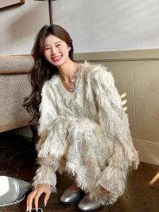 Shiny Tassel Long Sleeve Dress Elegant Ladylike Loose Fit A-Line Gown for Autumn Season Glitter Polyester Fabric Flared Cuffs