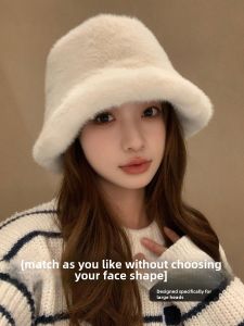 Pure Color Plush Fisherman Hat Womens Winter Heattech Face-Looking Small Furry Soft Glutinous Bucket Hat Bucket Hat Easiest for Match Big Head Circumference