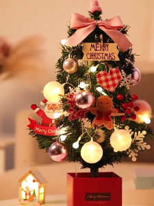 🔥45cm/60cm Mini Christmas Tree with Lights White/Pink/Red Small Luxury Snow Tree Desktop Ornament Xmas Decoration Gift Set for Desk Home & Office