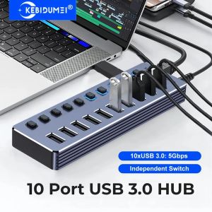 Kebidumei | KEBIDUMEI 10 Port USB 3.0 Hub 5Gbps High Speed Splitter with Independent Switches USB Docking Station for Laptop Desktop PC