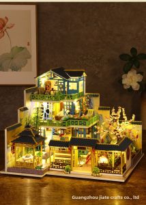 3D Wooden DIY Dollhouse Kit with LED Light Chinese Courtyard Miniature House Model Assembly Puzzle Toy Gift for Adults Kids