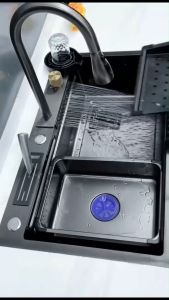 Chậu Rửa Bát 1 Hố Lớn Inox SUS304 Mạ Nano Có Vòi Rút Thác Nóng Lạnh Bồn Rửa Chén 1 Ngăn Lớn Có Vòi Rút Thác Xả Ngang 75x46 cm