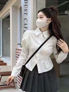 French Style Short Bubble Sleeve Waist Cinched Shirt for Women Sweet College Style Design High End Polyester Cotton Blend Shirt