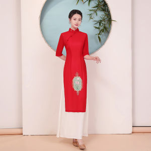 Young Womens Sleeveless Summer Fashion Show Performance Clothes Chiffon Ao Dai High Slit Pearl Embellished Seven Sleeve Long