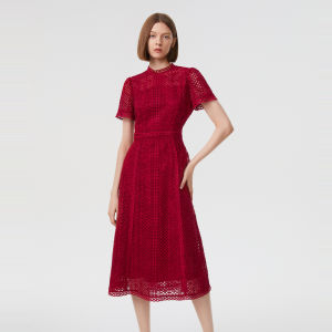 Red Lace Hollow out Midi Dress Womens Spring Summer New Style Elegant High Waist Fashionable Lanzy French Style Dress
