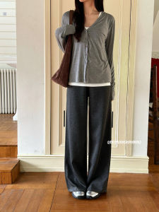 Deep Grey Casual Pants Womens Summer Thin Elastic Waist Loose Long Trousers Drapey Slimming Straight Leg High Waist