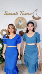 ZEALO Sarah Puff Sleeves Crop Top and Peplum Midi Skirt Terno Coordinates Set Linen Small Medium Semi-Large Coral Baby