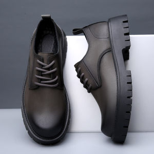Business Casual Mens Leather Shoes Spring New Style Thick Bottom round Head Trendy Shoes Breathable Lace-Up Solid Color Office Wear